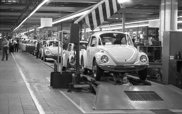 The Volkswagen Beetle – for many years the most successful car in the world – on the assembly line in Wolfsburg factory, 1973