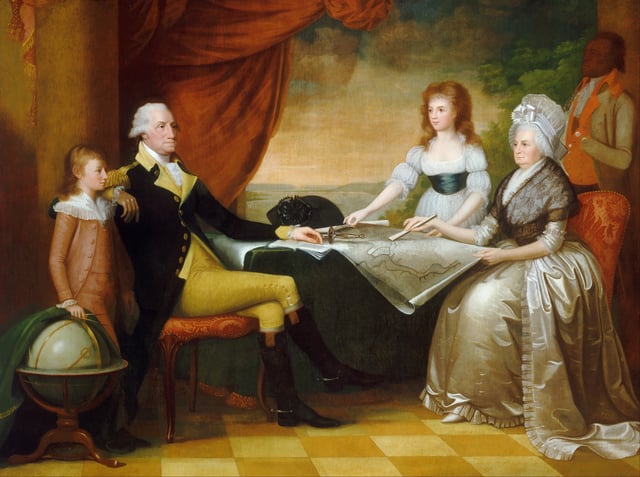 The Washington Family  by Edward Savage, painted between 1789 and 1796, shows (from left to right): George Washington Parke Custis, George Washington, Eleanor Parke Custis, Martha Washington, and an enslaved servant, probably William Lee or Christopher Sheels.