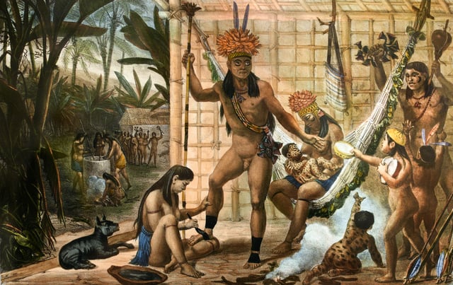 Famille d’un Chef Camacan se préparant pour une Fête ("Family of a Camacan chief preparing for a celebration") by Jean-Baptiste Debret shows a woman breastfeeding a child in the background