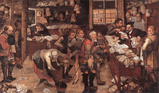 Peasants paying for legal services with produce in The Village Lawyer, c. 1621, by Pieter Brueghel the Younger