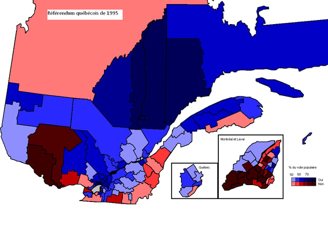 The results of the 1995 Quebec referendum per circonscription. Dark brown means high no %; dark blue means high yes %