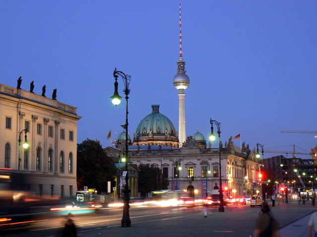 Unter den Linden boulevard with Zeughaus, Berlin Cathedral and Fernsehturm Berlin at night
