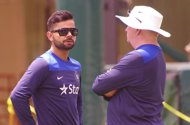 Kohli with coach Duncan Fletcher in January 2015, before the fourth Test in Sydney