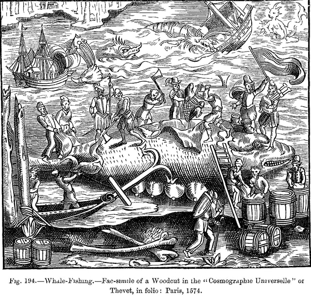Whale Fishing: Woodcut by Thevet, Paris, 1574
