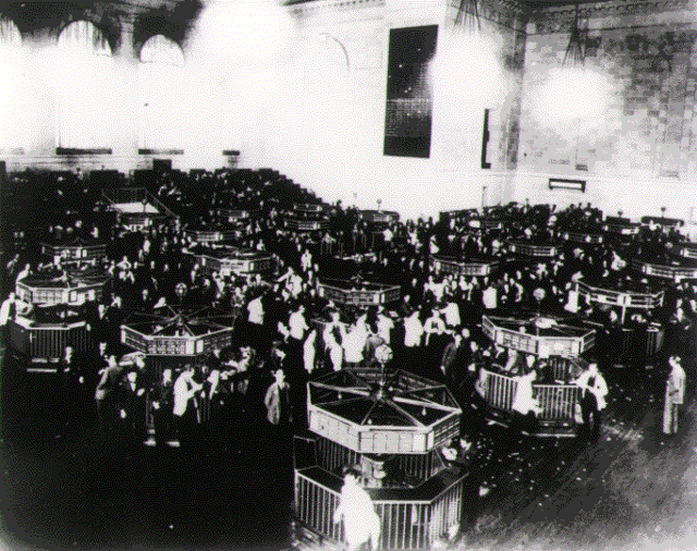 The New York Stock Exchange trading floor after the Wall Street Crash of 1929, before tougher banking regulation was introduced