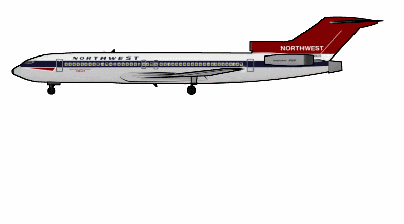 An animation of the 727's rear airstair, deploying in flight. The animation also shows Cooper jumping off the airstair. The gravity-operated apparatus remained open until the aircraft landed.