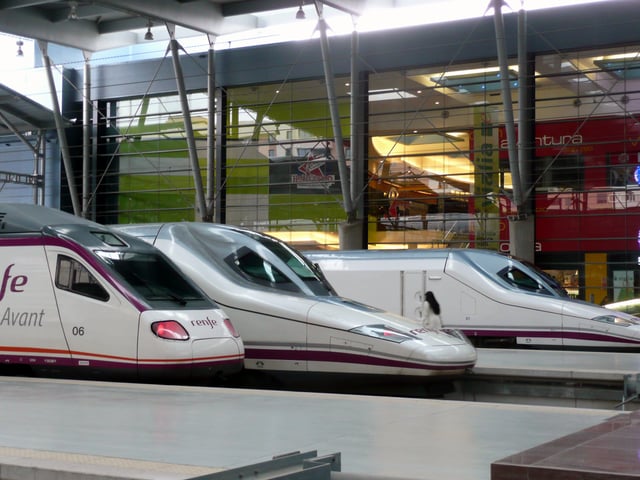 High speed trains AVE S-112 nicknamed "Pato" ("Duck") in Málaga-Maria Zambrano Station.