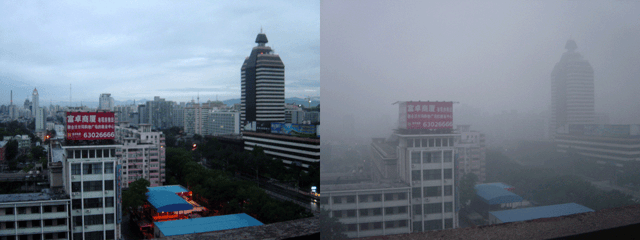 Beijing air on a 2005-day after rain (left) and a smoggy day (right)