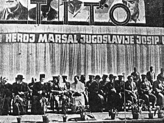Celebrating Tito in Zagreb in 1945, in presence of Orthodox dignitaries, the Catholic cardinal Aloysius Stepinac, and the Soviet military attaché