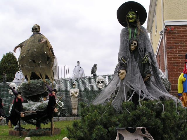 At Halloween, yards, public spaces, and some houses may be decorated with traditionally macabre symbols including witches, skeletons, ghosts, cobwebs, and headstones.