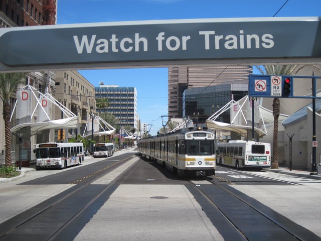 The Metro Blue Line arrives at the Downtown Long Beach Station (known as the Transit Mall Station until July 2013).