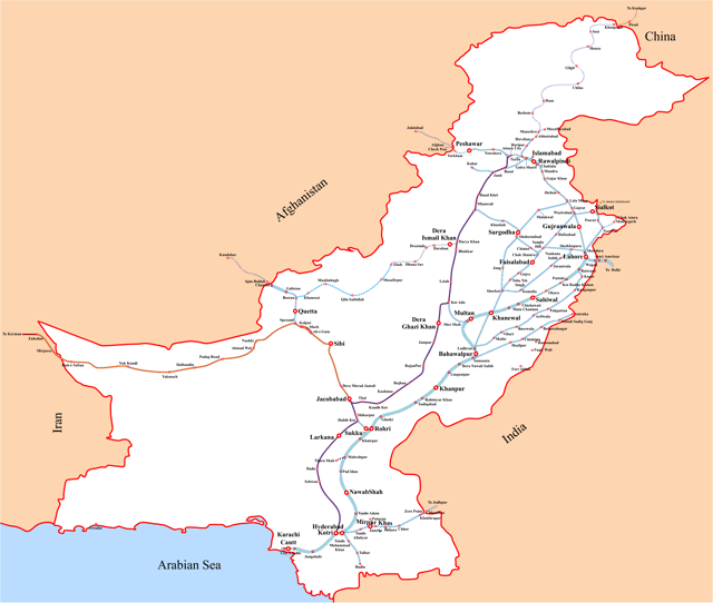 ML-2 of Pakistan Railways is marked in purple, while ML-3 is marked in orange. Other lines are in blue.