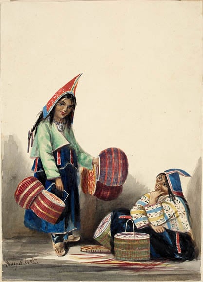MiꞌKmaq Women Selling Baskets, Halifax, Nova Scotia, by Mary R. McKie c. 1845