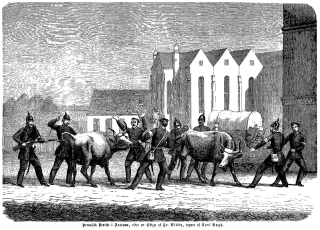 Prussian soldiers herding cattle by Aarhus cathedral, 1864