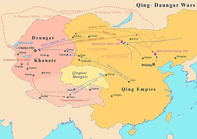 Map showing wars between Qing Dynasty and Dzungar Khanate