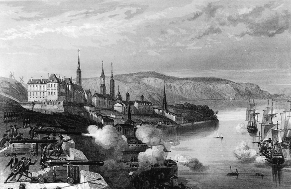 19th-century print showing Quebec batteries firing on William Phips' squadron during October 1690.