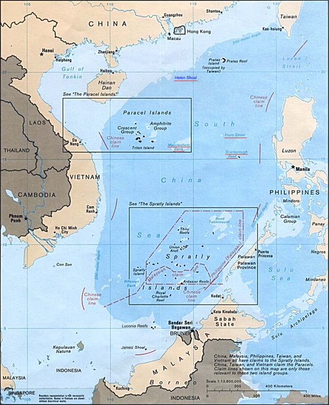 Map showing territorial claims in South China Sea. A high percentage of Chinese energy imports pass through this disputed region, rendering much of China's energy imports vulnerable to conflict.