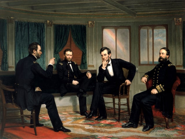 President Lincoln (center right) with, from left, Generals Sherman and Grant and Admiral Porter in The Peacemakers , an 1868 painting of events aboard the River Queen