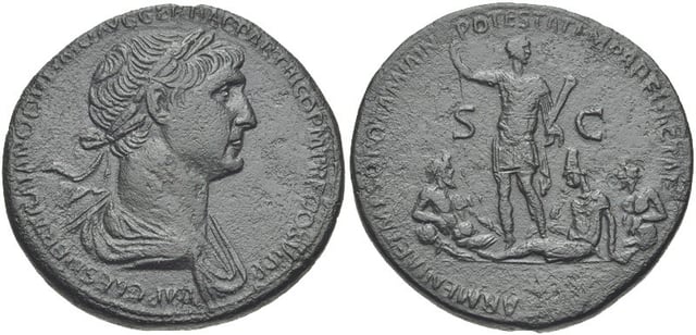 Sestertius during 116 to commemorate Trajan's Parthian victories. Obverse: bust of Trajan, with laurel crown; caption: IMP. CAES. NERV. TRAIANO OPTIMO AVG. GER. DAC. PARTHICO P. M., TR. P., COS VI, P. P.; Reverse: Trajan standing between prostrate allegories of Armenia (crowned with a tiara) and the Rivers Tigris & Euphrates; caption: ARMENIA ET MESOPOTAMIA IN POTESTATEM P. R. REDACTAE (put under the authority of the Roman People) - S. C. (Senatus Consultus, issued by the Senate).