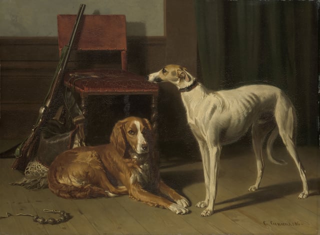 Hunting Companions, Dutch 19th-century painting featuring two dogs, a shotgun and a game bag