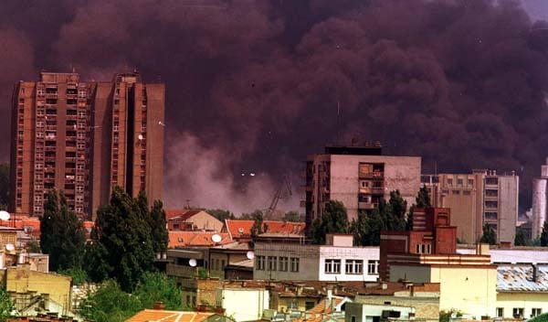 Smoke rising in Novi Sad, Serbia after NATO bombardment in 1999