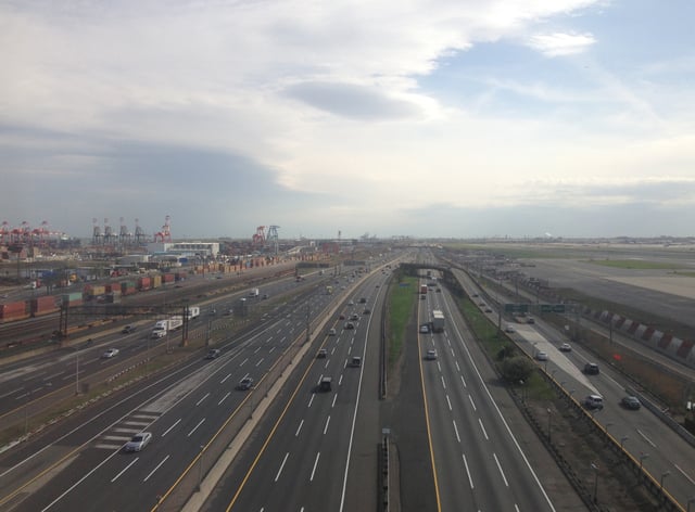 View south along the turnpike from a plane landing at Newark Airport