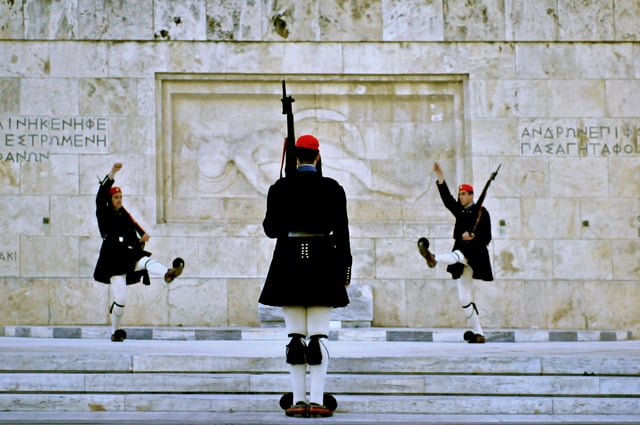 Changing of the Greek Presidential Guard in front of the Tomb of the Unknown Soldier at Syntagma Square.