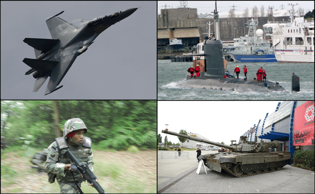 Examples of the Malaysian Armed Forces weaponry assets. Clockwise from top right: Scorpène class submarine, PT-91M MBT tank, Malaysian Army paratrooper with M4, and Su-30MKM fighter aircraft.