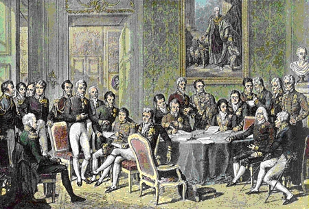 The Congress of Vienna met in 1814–15. The objective of the Congress was to settle the many issues arising from the French Revolutionary Wars, the Napoleonic Wars, and the dissolution of the Holy Roman Empire.