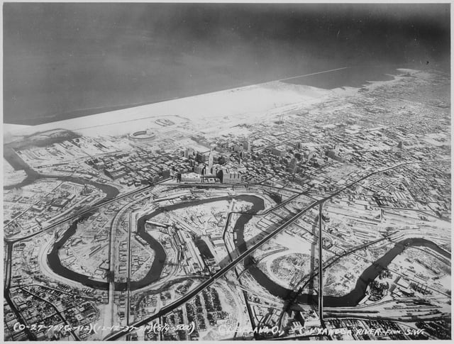The Cuyahoga River winds through the Flats in a December 1937 aerial view of Downtown Cleveland.