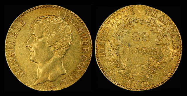 Depicted as First Consul on the 1803 20 gold Napoléon gold coin