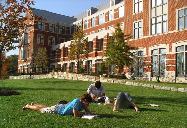 Students studying outside Wolfington Hall Jesuit Residence