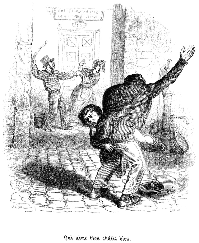 An illustration from JJ Grandville's Cent Proverbes (1845) captioned "Qui aime bien châtie bien" (Who loves well, punishes well).