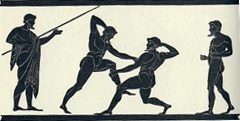 A scene of Ancient Greek pankratiasts fighting. Originally found on a Panathenaic amphora, Lamberg Collection.