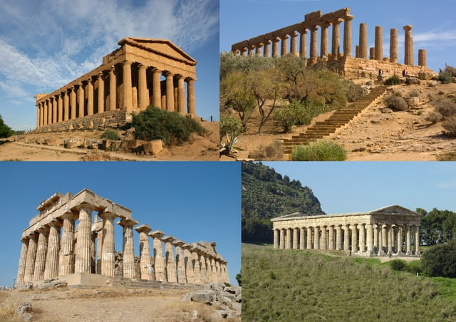Clockwise from top: temples of Concordia and Hera Lacinia in Agrigento, the temple of Segesta, and the Temple E in Selinunte.