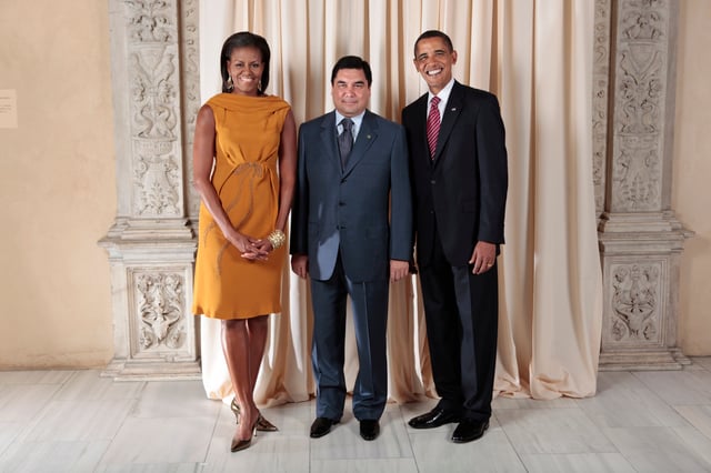 President Barack Obama and First Lady Michelle Obama with Gurbanguly Berdimuhamedow of Turkmenistan, September 2009, one of the most repressive regimes in the world,  supported with millions of dollars in military aid.