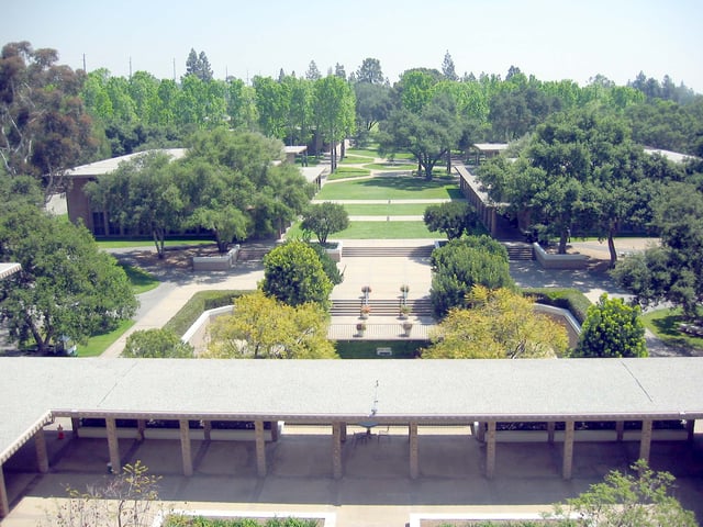 View of central campus, looking out of the former Norman F. Sprague Memorial Library.