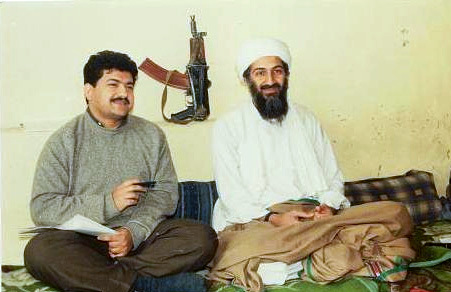 Pakistani journalist Hamid Mir interviewing al-Qaeda leader Osama bin Laden in Afghanistan, November 2001.