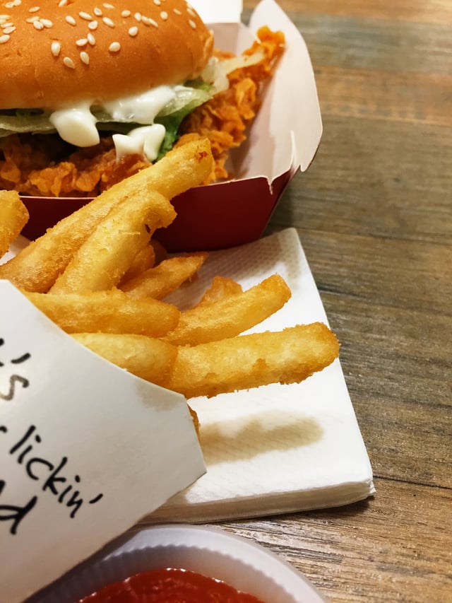 KFC's Zinger served with crispy fries and Thai chili sauce in Shah Alam, Malaysia. (January 2019)