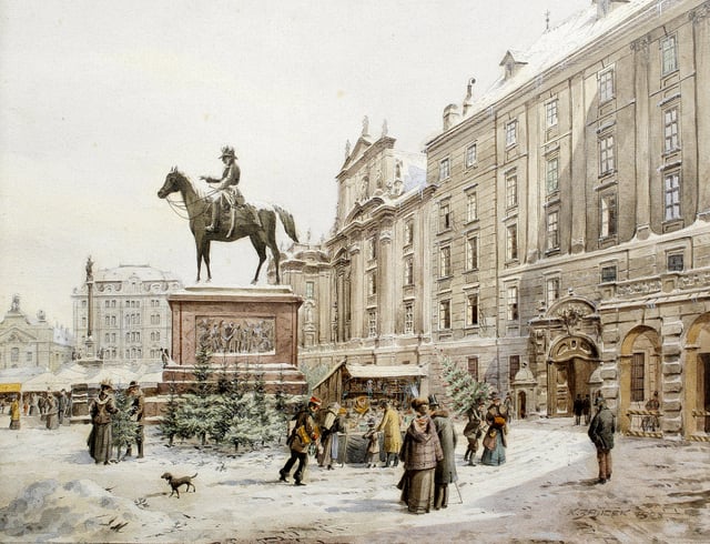 Trees on sale at a Christmas market in Vienna, painting by Carl Wenzel Zajicek (1908)