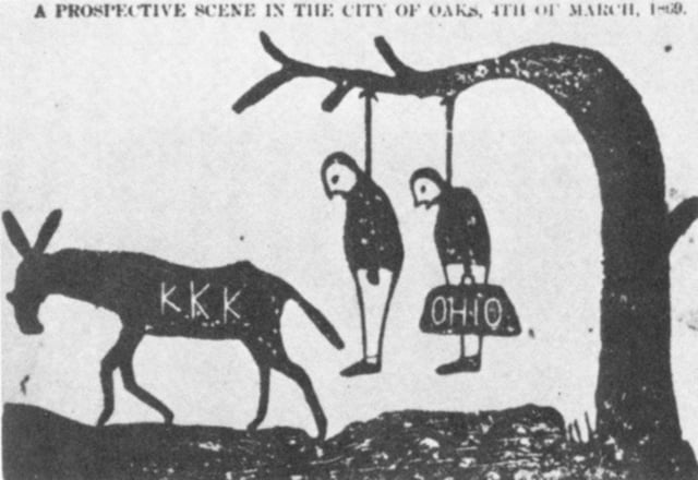A cartoon threatening that the KKK will lynch scalawags (left) and carpetbaggers (right) on March 4, 1869, the day President Grant takes office. Tuscaloosa, Alabama, Independent Monitor, September 1, 1868. A full-scale scholarly history analyzes the cartoonː Guy W. Hubbs, Searching for Freedom after the Civil War: Klansman, Carpetbagger, Scalawag, and Freedman (2015).