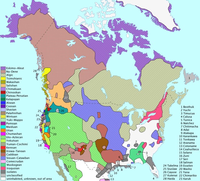 Pre-contact: distribution of North American language families, including northern Mexico