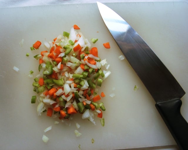 Mirepoix consists of carrot, onion and celery and is often used for soup stocks and soups.