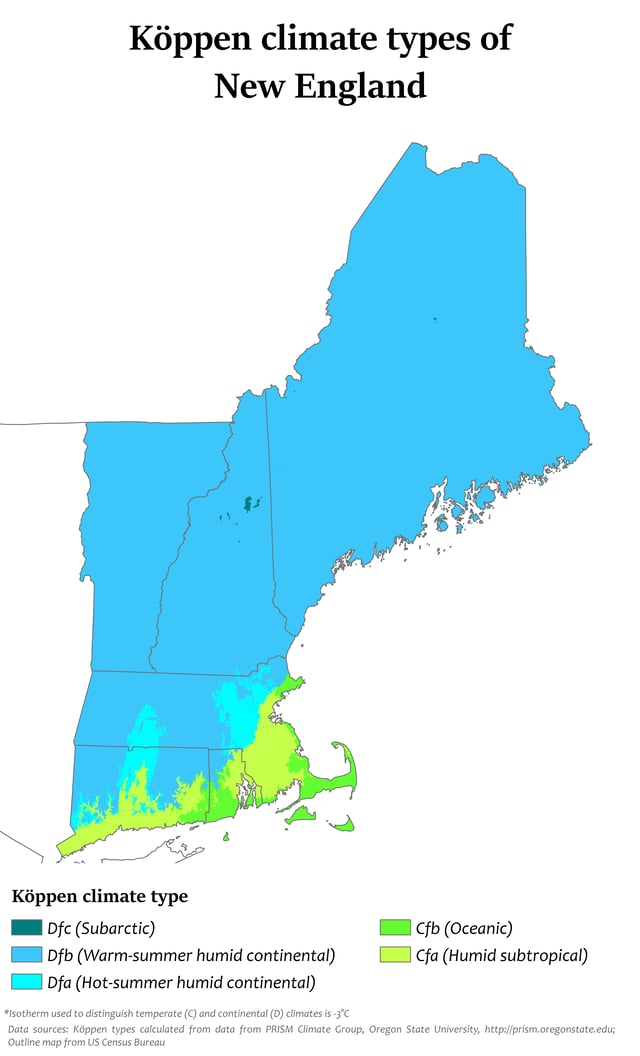 Köppen climate types in New England