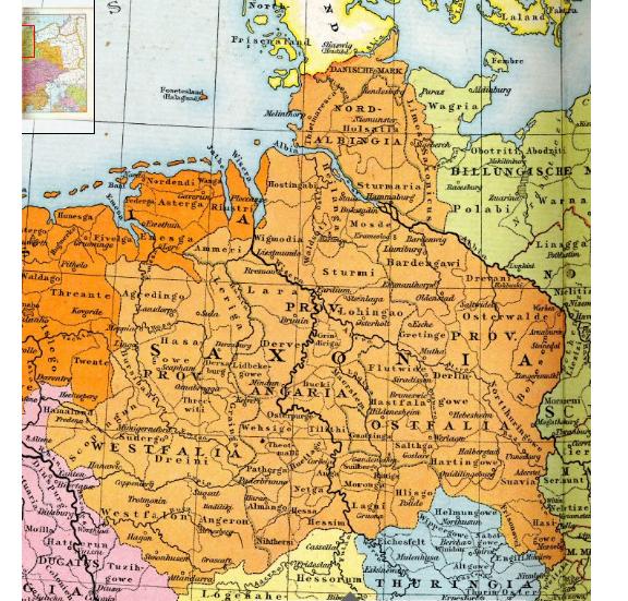 The later stem duchy of Saxony (c. 1000 AD), which was based in the Saxons' traditional homeland bounded by the rivers Ems, Eider and Elbe