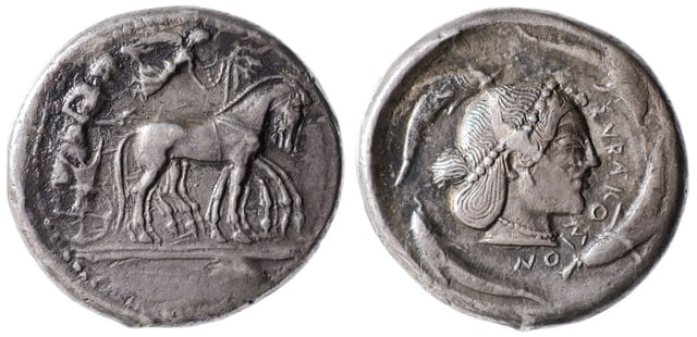 A Tetradrachm from Syracuse, circa 485–479 BC, with Arethusa on the obverse, and a slow quadriga driven by a male charioteer on the reverse.