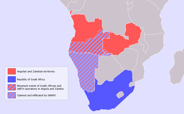 Maximum extent of UNITA and South African operations in Angola and Zambia during the Angolan Civil War.