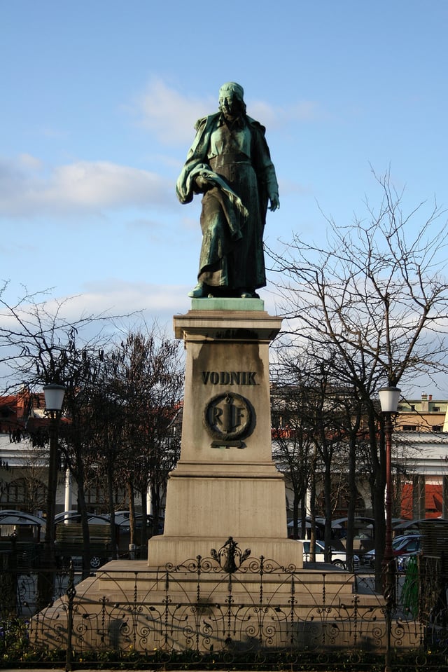The sculpture of the poet Valentin Vodnik (1758–1819) was created by Alojz Gangl in 1889 as part of Vodnik Monument, the first Slovene national monument.