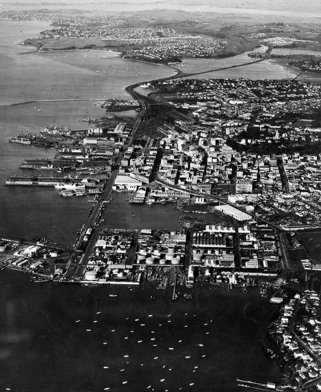 Looking east over the area that became Wynyard Quarter with the Auckland CBD in the middle distance, c. 1950s.