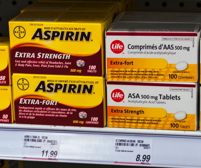 Aspirin for sale in Canada, next to generic store equivalent described as "ASA tablets"